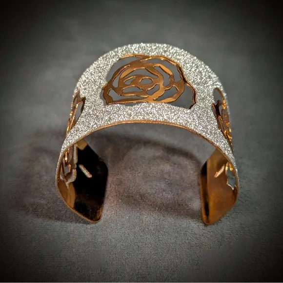 Bracelet! Elegant HANDCRAFTED Rose Gold w/ Silver cut out Rose Cuff Bracelet - Picture 4 of 4